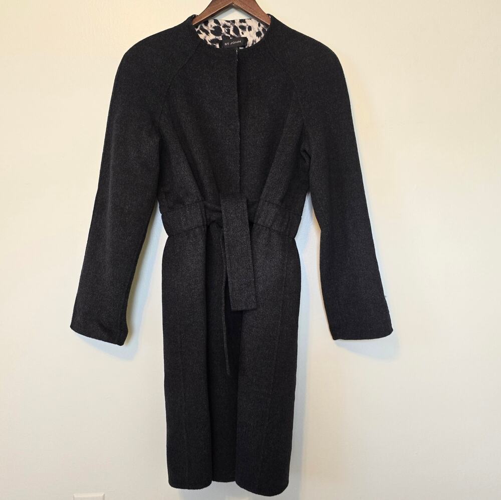 St. John Wool Angora Blend Belted Coat Silk Leopard Lining Charcoal Grey 8 EUC